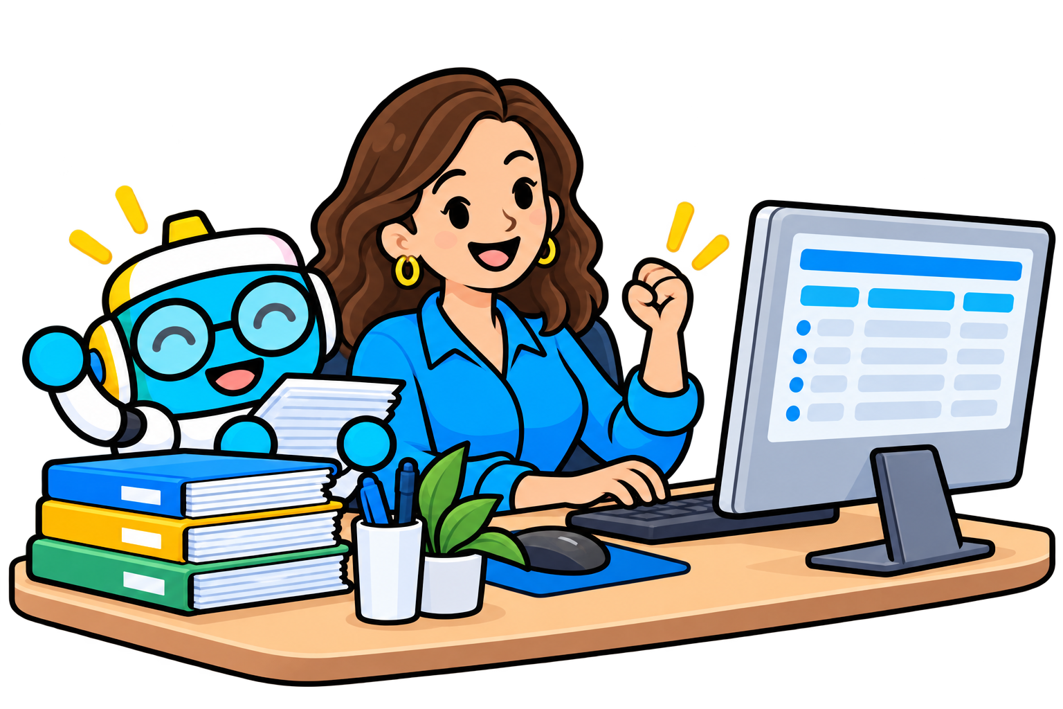 A tax professional working at her computer with Wizzy beside her
