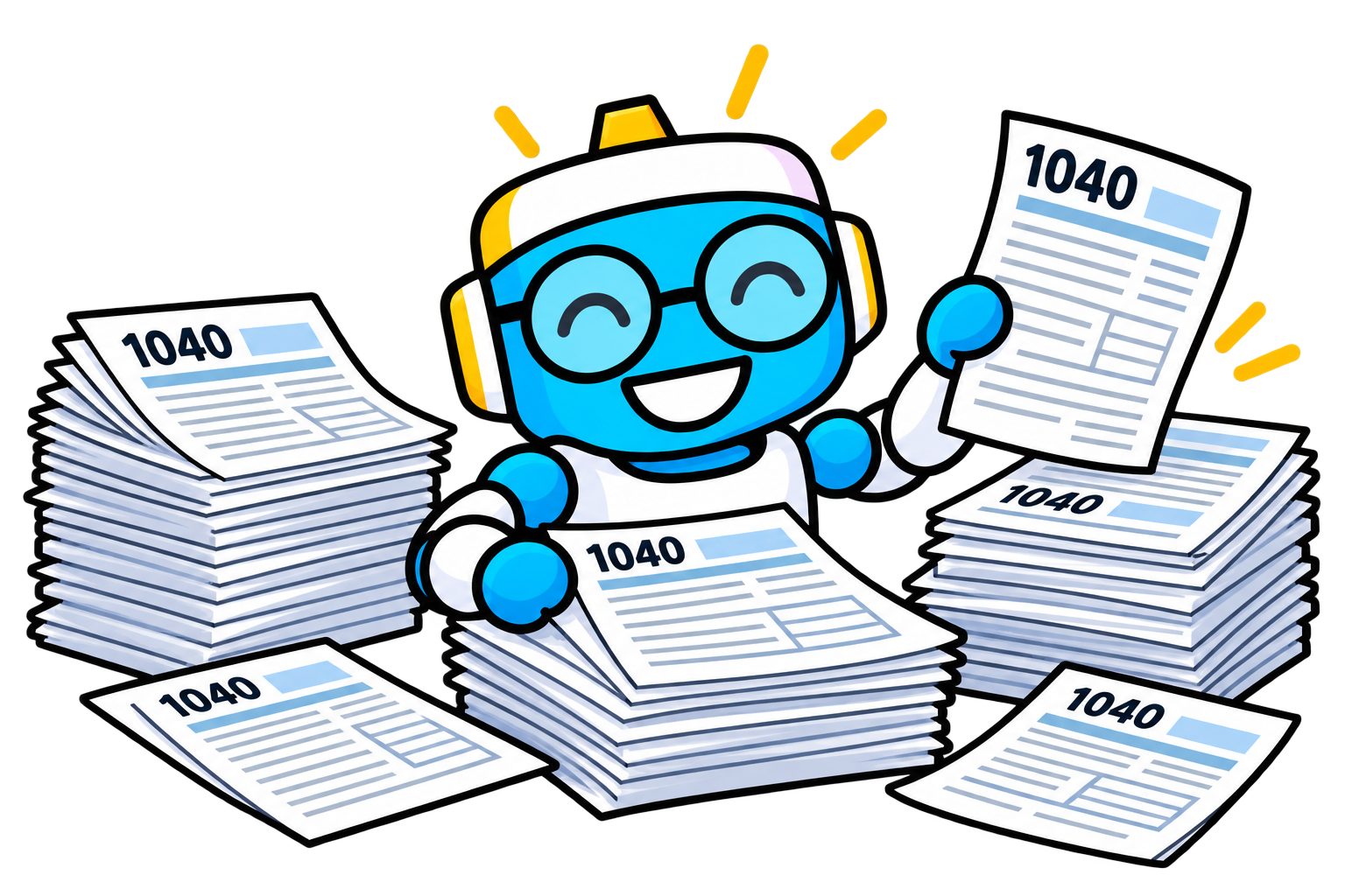 Wizzy handling a stack of 1040 tax returns