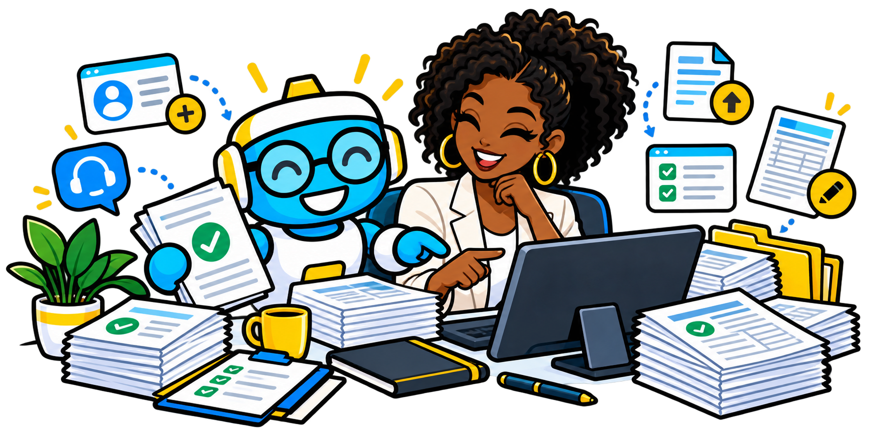 A Black woman tax office owner and Wizzy working together with client files, support, and workflow tools