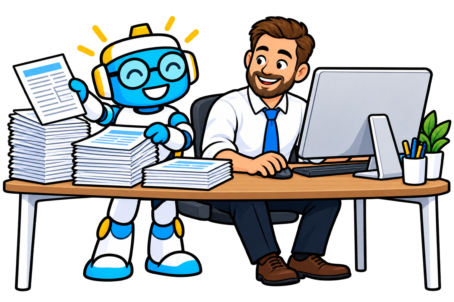 A tax professional working at his computer with Wizzy helping organize returns