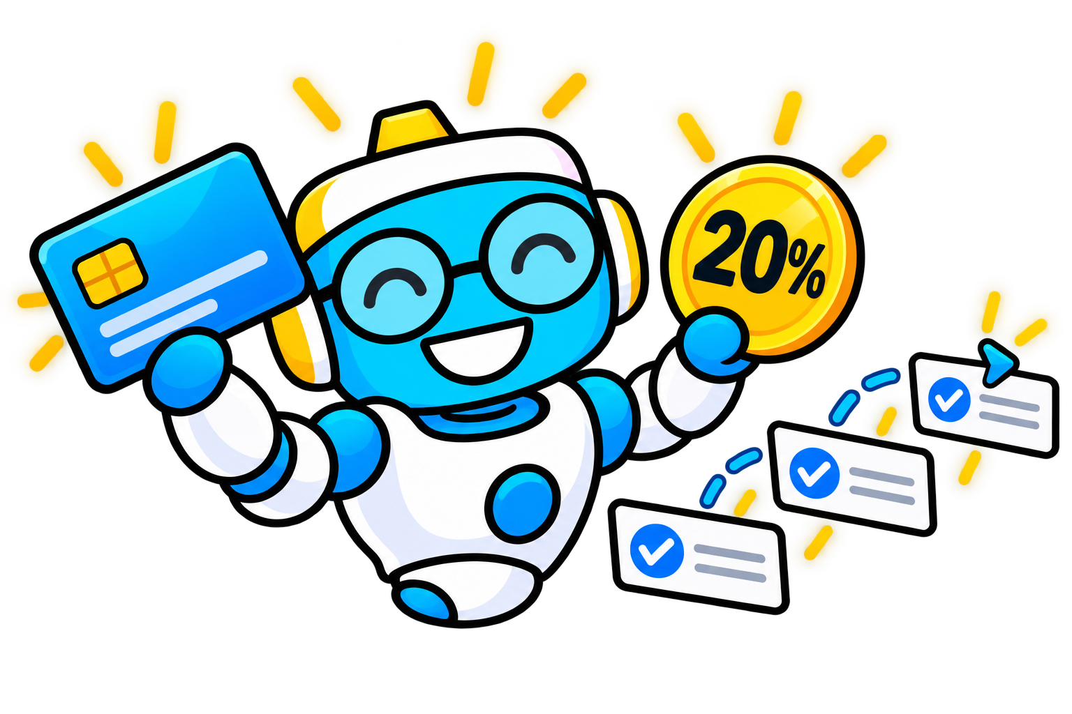 Wizzy holding a 20 percent token beside a payment card and completed return checks